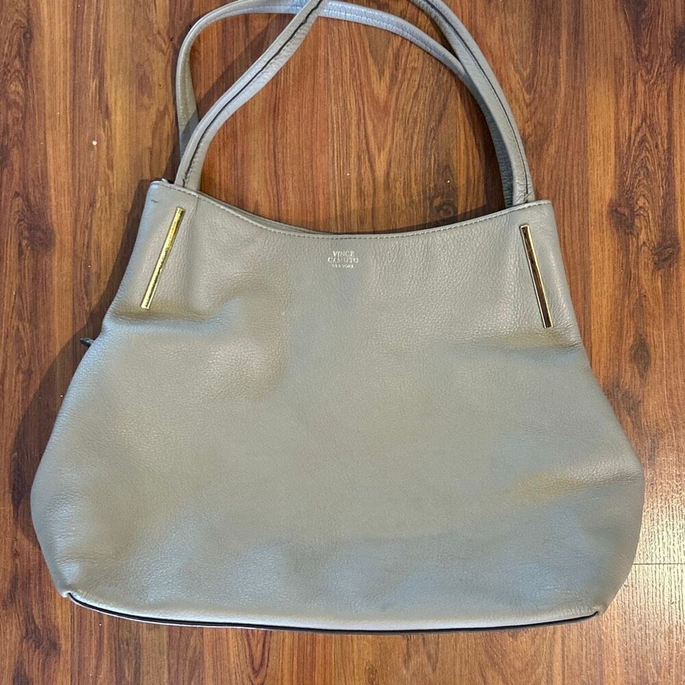 Vince Camuto taupe genuine leather with gold detailed handbag bag